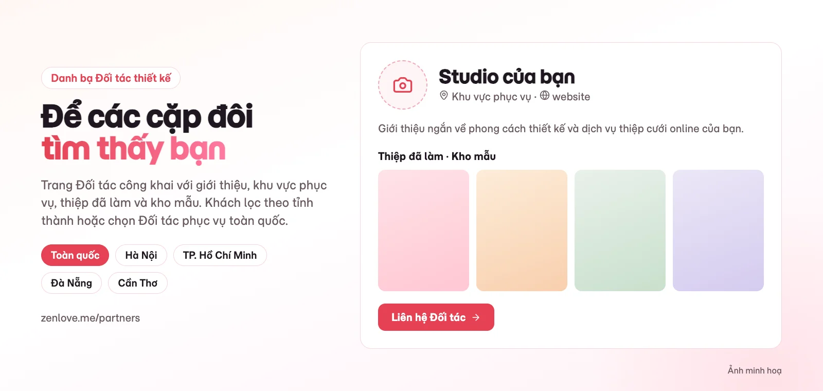 Minh hoạ trang Đối tác trong Danh bạ Đối tác thiết kế thiệp cưới online, lọc theo tỉnh thành