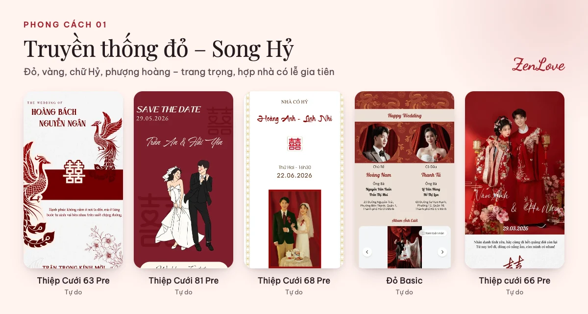 Mẫu thiệp cưới online truyền thống đỏ Song Hỷ phượng hoàng