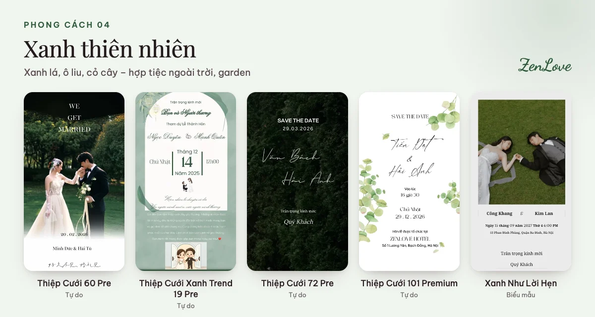 Mẫu thiệp cưới online màu xanh thiên nhiên cho tiệc cưới ngoài trời