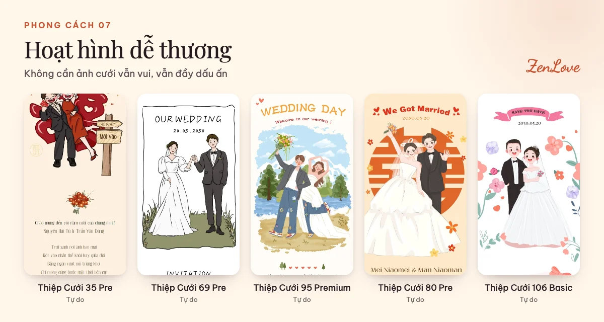 Mẫu thiệp cưới online hoạt hình chibi dễ thương không cần ảnh cưới