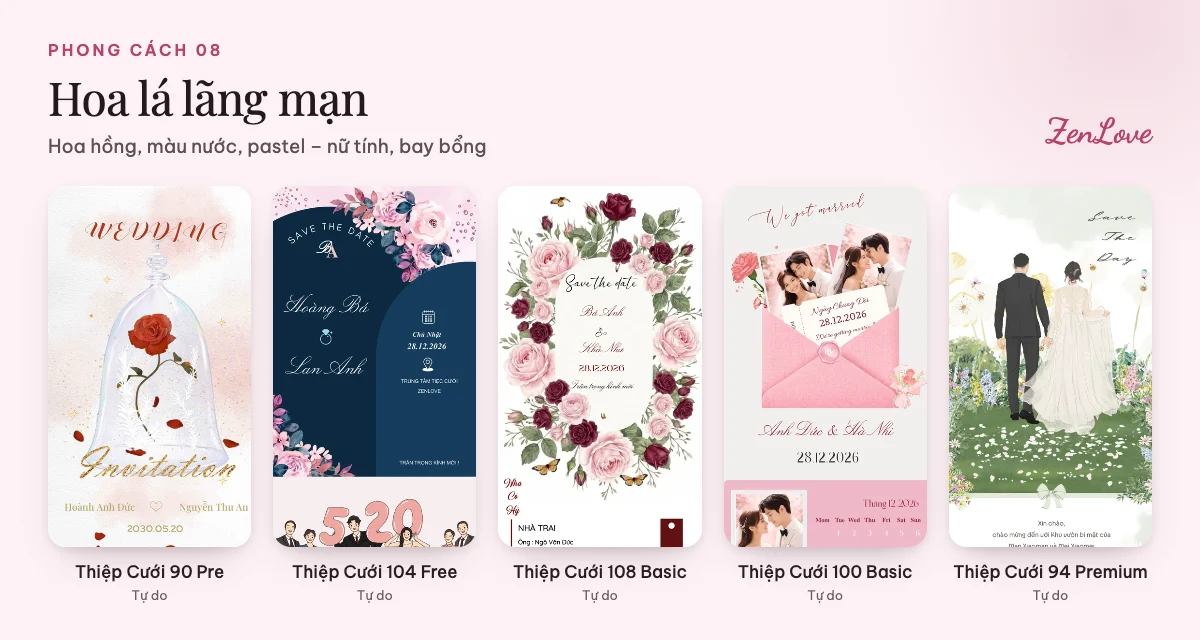 Mẫu thiệp cưới online hoa lá lãng mạn tông pastel