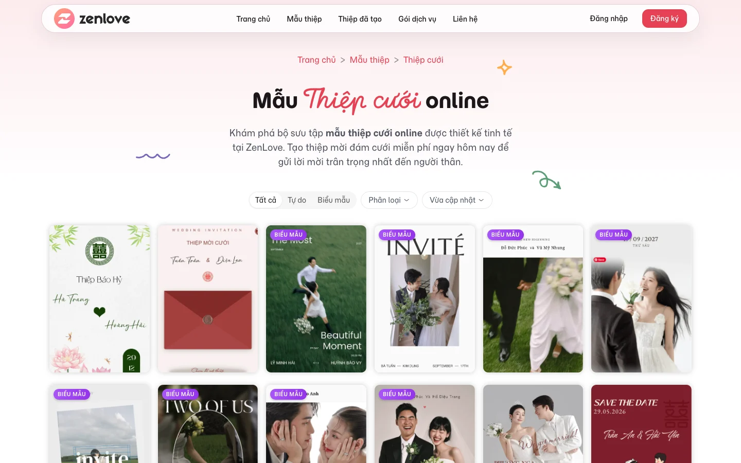 Kho mẫu thiệp cưới online ZenLove với bộ lọc Tự do, Biểu mẫu, Phân loại