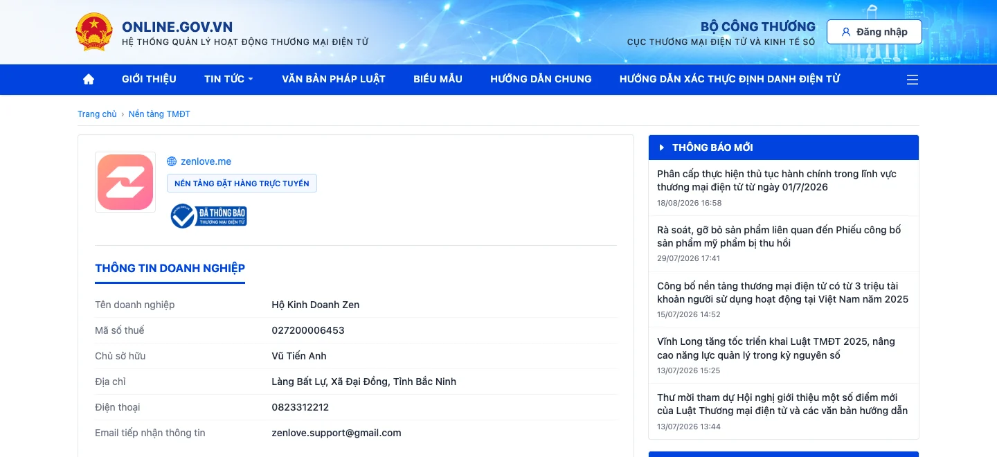 Hồ sơ nền tảng zenlove.me trên online.gov.vn của Bộ Công Thương với trạng thái Đã thông báo