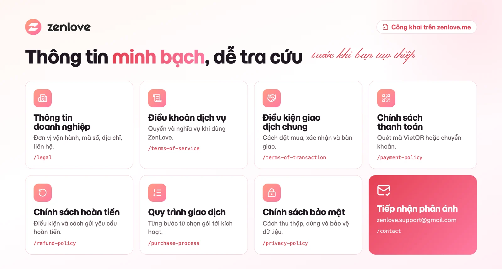 Các trang chính sách công khai trên ZenLove: điều khoản, giao dịch, thanh toán, hoàn tiền, bảo mật