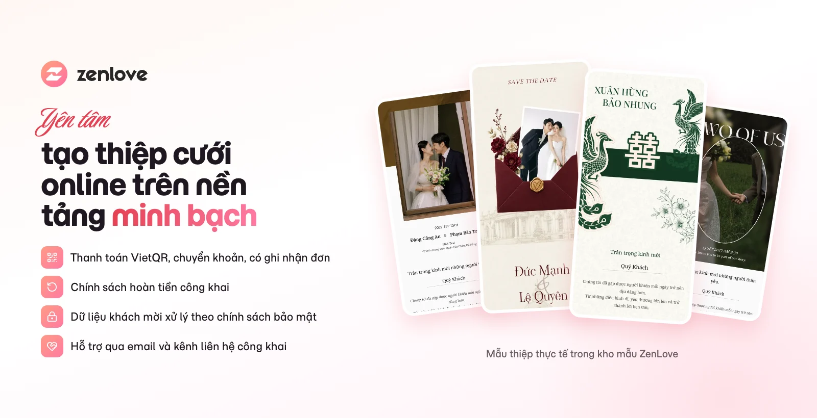 Mẫu thiệp cưới online thực tế trên ZenLove, tạo thiệp trên nền tảng minh bạch