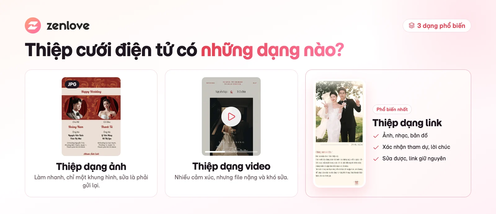 3 dạng thiệp cưới điện tử: thiệp ảnh, thiệp video và thiệp cưới online dạng link