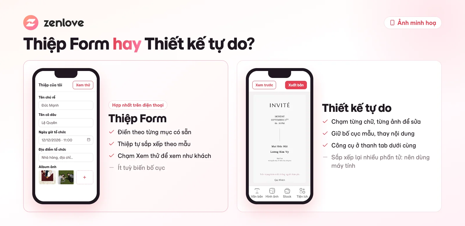 So sánh Thiệp Form và Thiết kế tự do khi làm thiệp cưới online bằng điện thoại