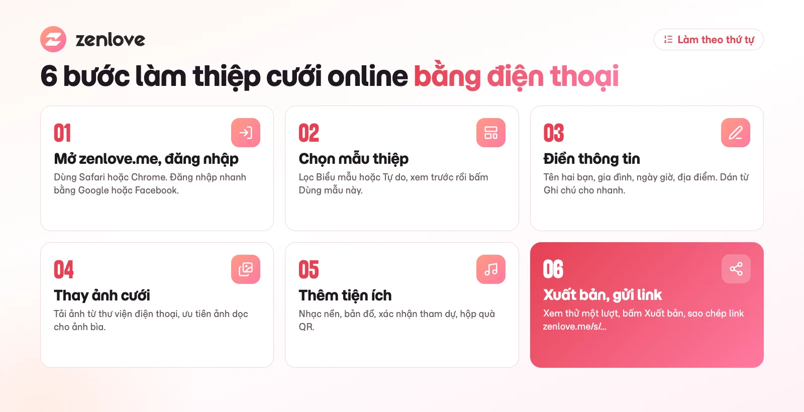 6 bước làm thiệp cưới online bằng điện thoại: đăng nhập, chọn mẫu, điền thông tin, thay ảnh, thêm tiện ích, xuất bản