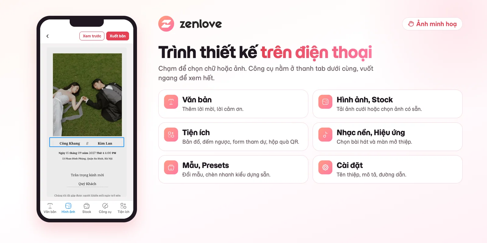 Trình thiết kế thiệp cưới online trên điện thoại với thanh tab công cụ dưới cùng