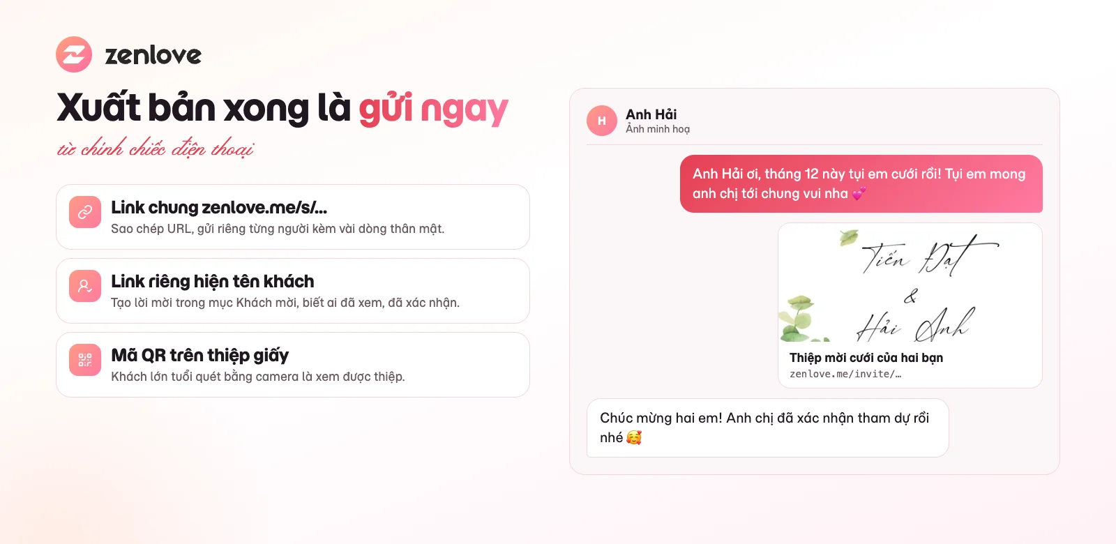 Gửi thiệp cưới online từ điện thoại qua Zalo, Messenger và link riêng từng khách