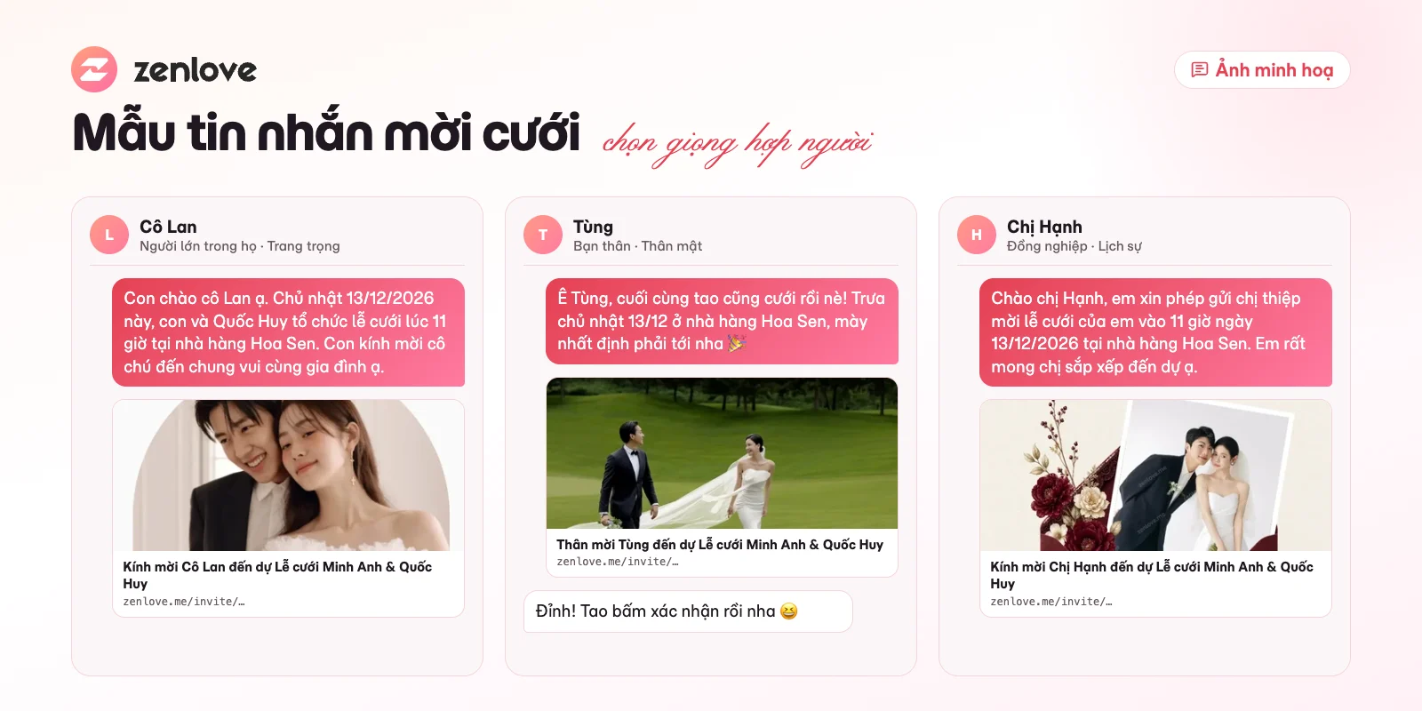 Mẫu tin nhắn mời cưới qua Zalo kèm link thiệp cưới online