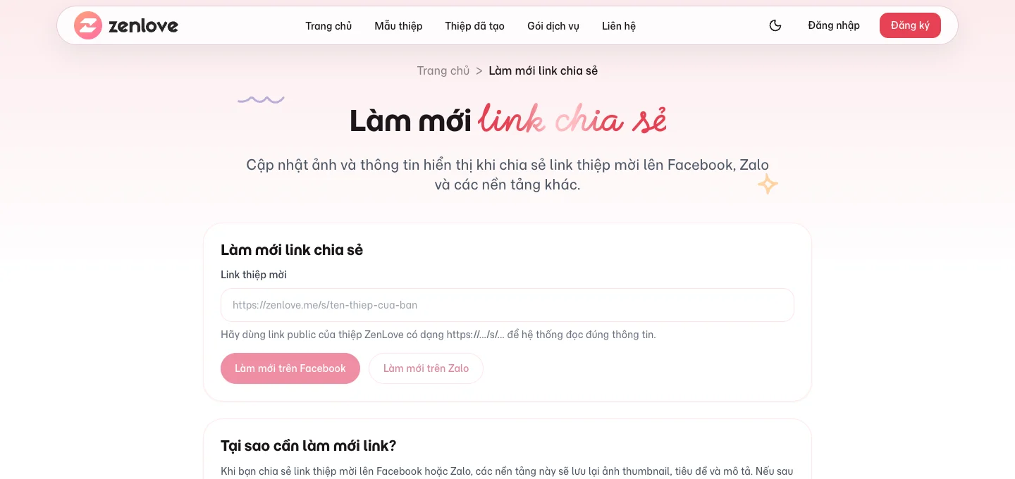 Công cụ làm mới link thiệp cưới trên Zalo và Facebook của ZenLove