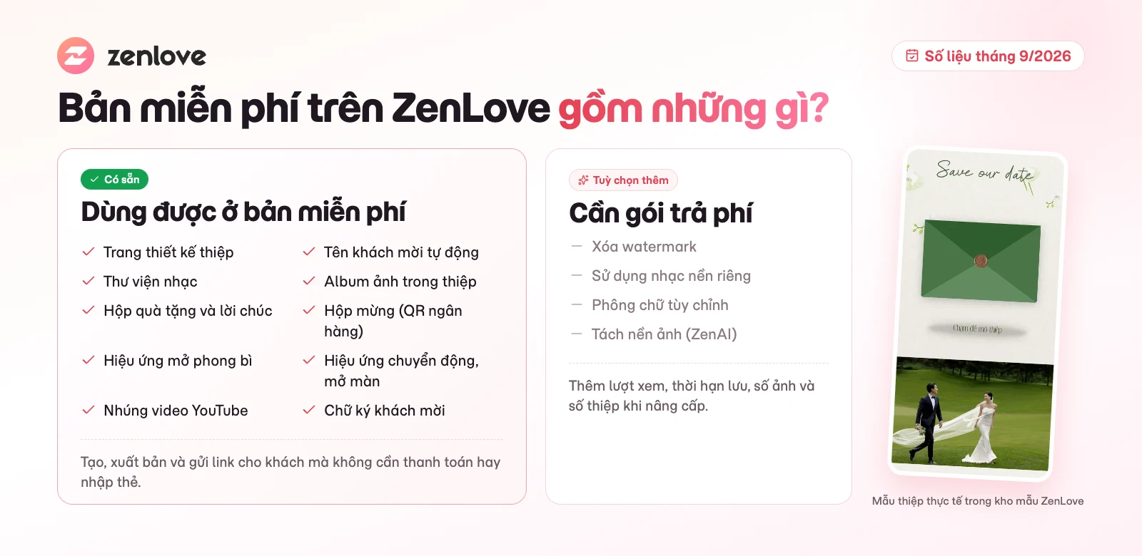 Tính năng của thiệp cưới online miễn phí trên ZenLove và phần cần gói trả phí