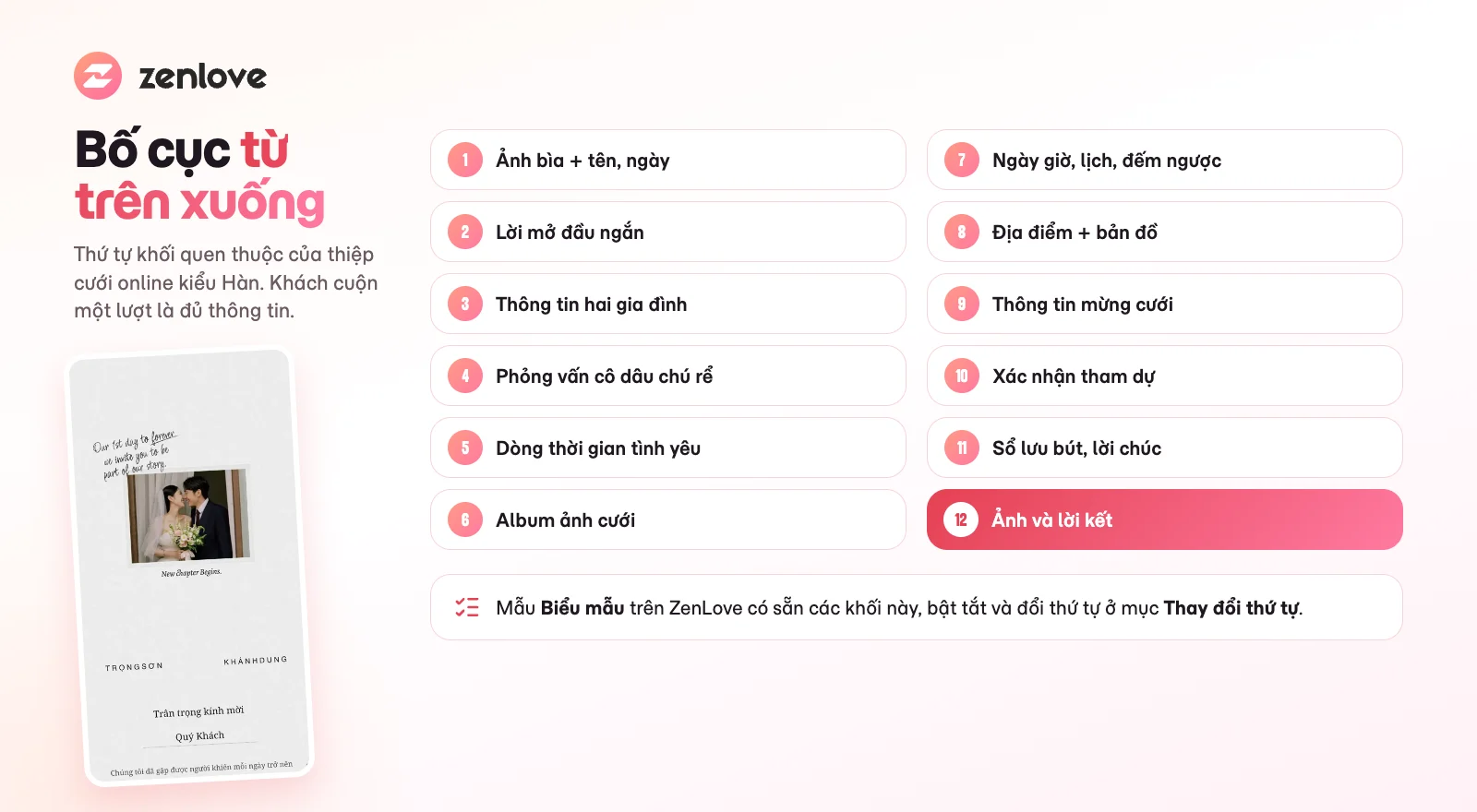 Bố cục thiệp cưới online kiểu Hàn Quốc từ ảnh bìa tới sổ lưu bút và lời kết