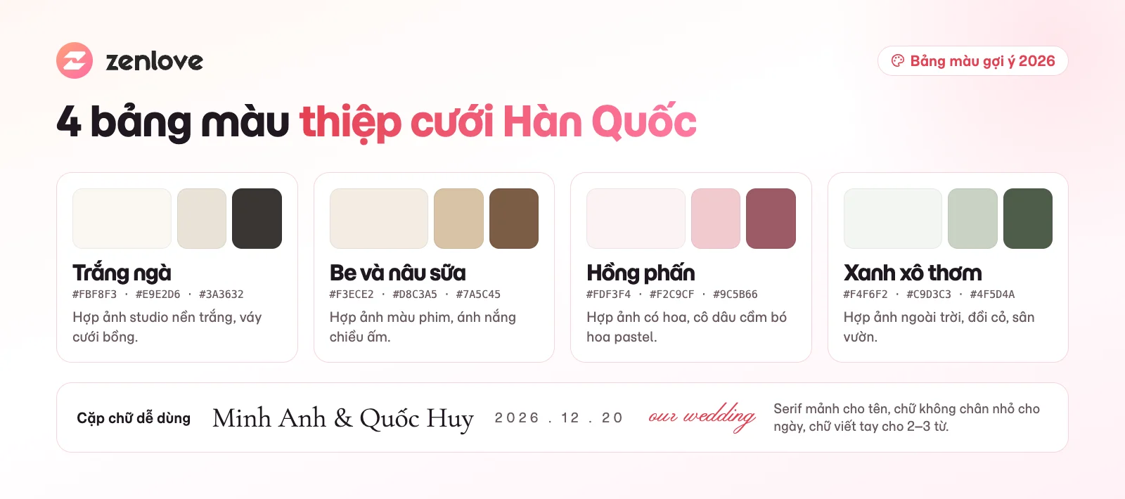 4 bảng màu thiệp cưới phong cách Hàn Quốc 2026: trắng ngà, be nâu sữa, hồng phấn, xanh xô thơm