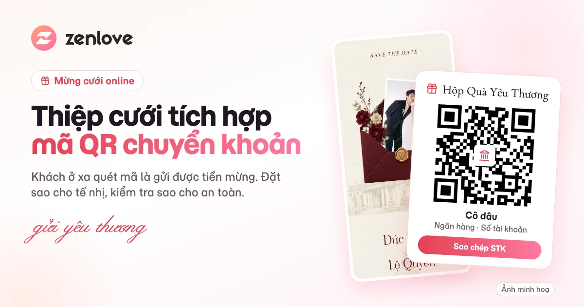 Thiệp cưới tích hợp mã QR chuyển khoản trên điện thoại, khách quét mã để gửi tiền mừng