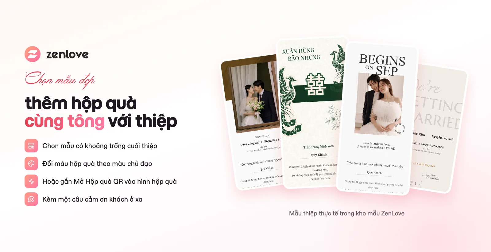 Mẫu thiệp cưới online thực tế trong kho mẫu ZenLove có thể thêm hộp quà mã QR chuyển khoản