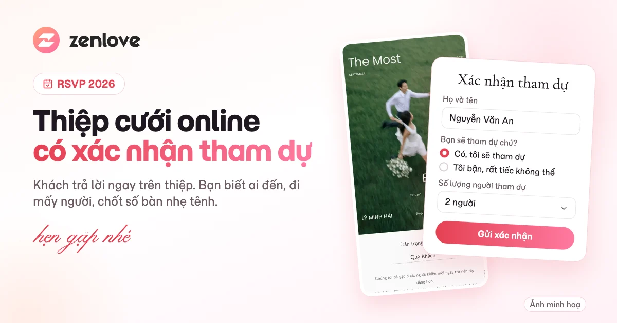 Thiệp cưới online tích hợp xác nhận tham dự trên điện thoại, khách chọn có tham dự và số người đi cùng