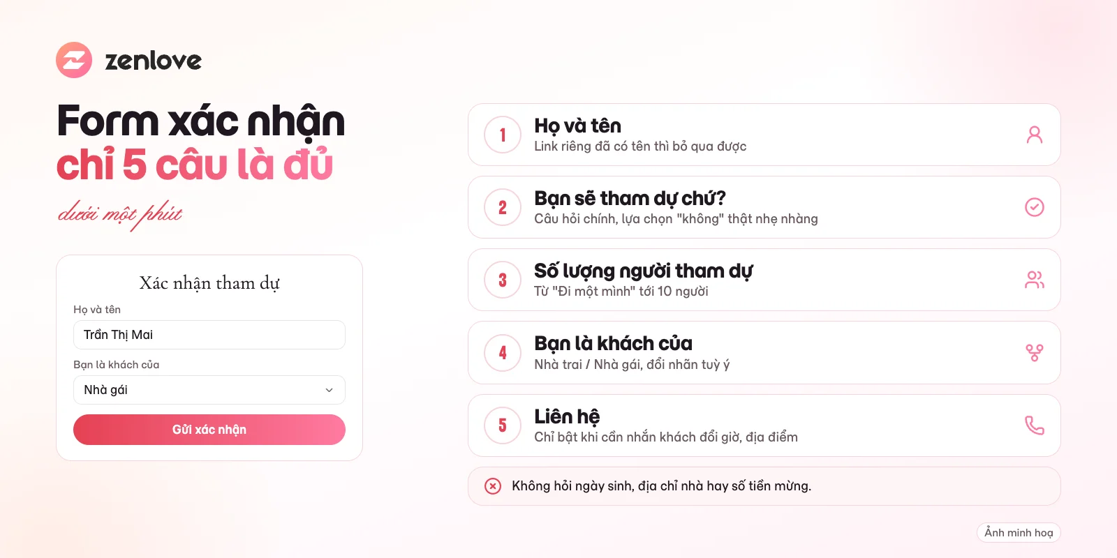 Các trường nên có trong form xác nhận tham dự của thiệp cưới online: họ tên, có tham dự, số người, nhà trai nhà gái