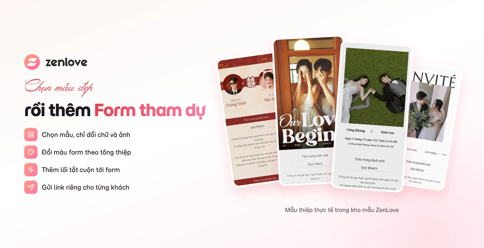 Mẫu thiệp cưới online trong kho mẫu ZenLove để thêm form xác nhận tham dự