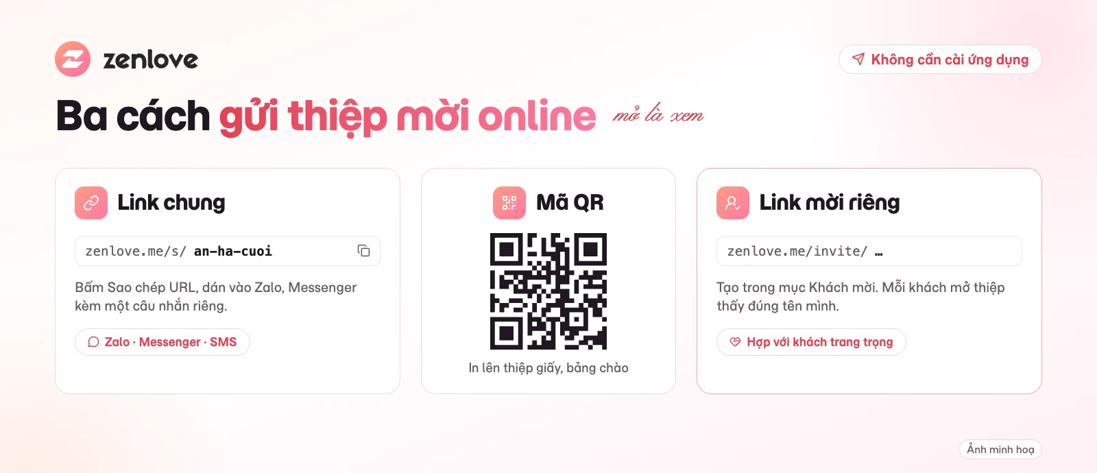 Gửi thiệp mời online bằng link chung, mã QR và link mời riêng từng khách