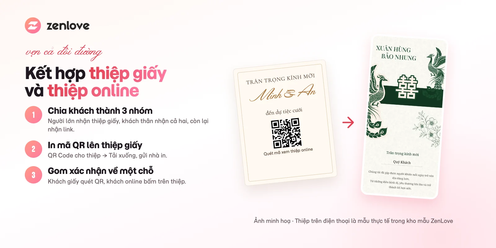 Kết hợp thiệp cưới giấy in mã QR với thiệp cưới online trên điện thoại