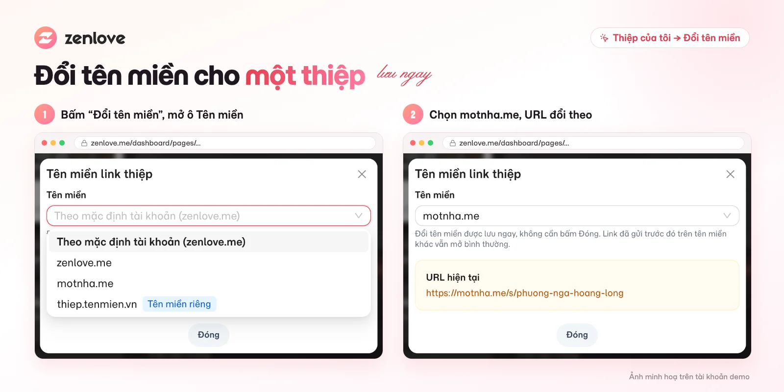 Cách đổi tên miền link thiệp cưới sang motnha.me trong trang chi tiết thiệp ZenLove