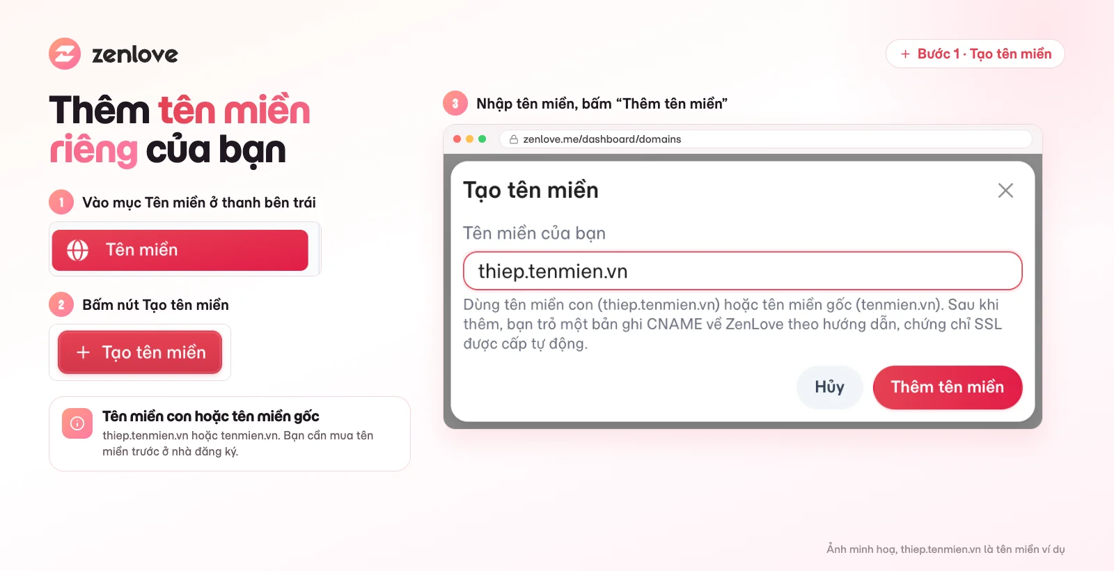 Tạo tên miền riêng cho link thiệp cưới trong mục Tên miền của ZenLove