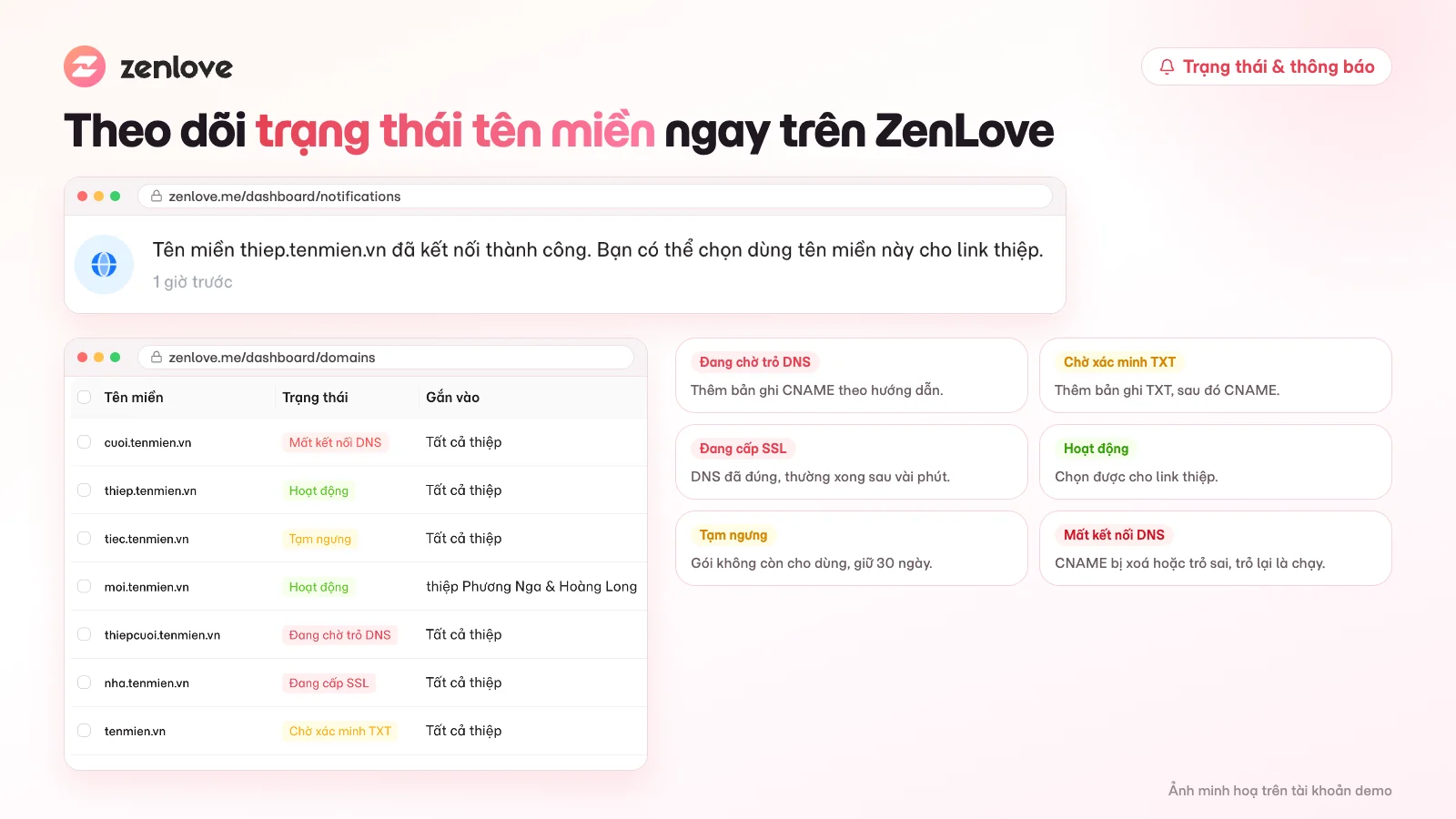 Trạng thái tên miền riêng và thông báo tên miền đã kết nối thành công trên ZenLove