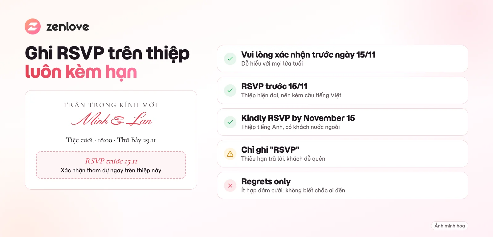 Cách ghi RSVP trên thiệp cưới: RSVP kèm hạn trả lời, mẫu câu tiếng Việt và tiếng Anh