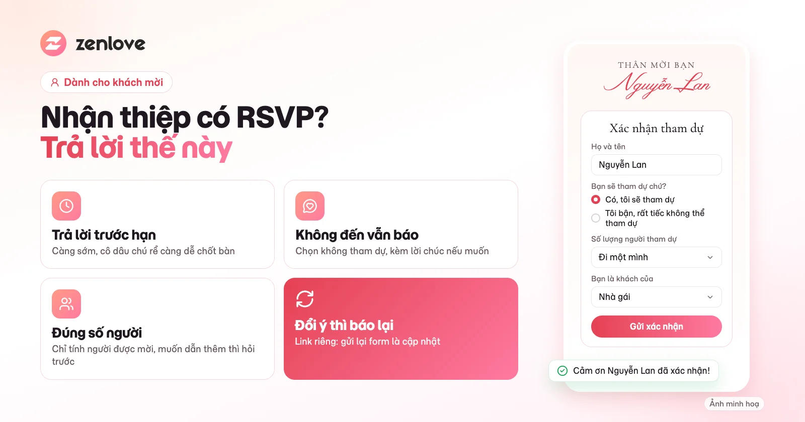Cách trả lời RSVP thiệp cưới online cho khách mời: điền tên, chọn tham dự, số người và gửi xác nhận