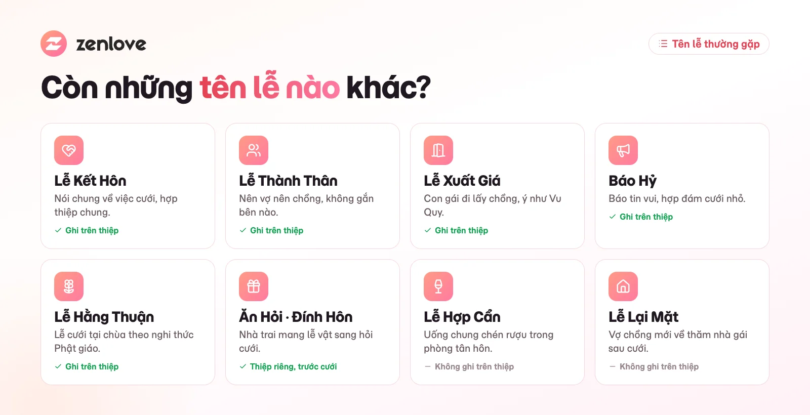 Các tên lễ khác trên thiệp cưới: Kết Hôn, Báo Hỷ, Hằng Thuận, Xuất Giá, Ăn Hỏi
