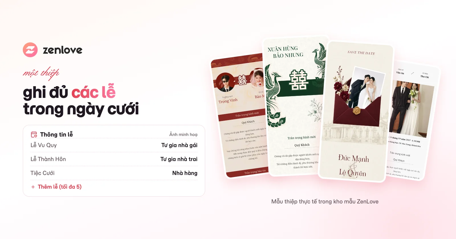 Mẫu thiệp cưới online ZenLove ghi Lễ Vu Quy và Lễ Thành Hôn