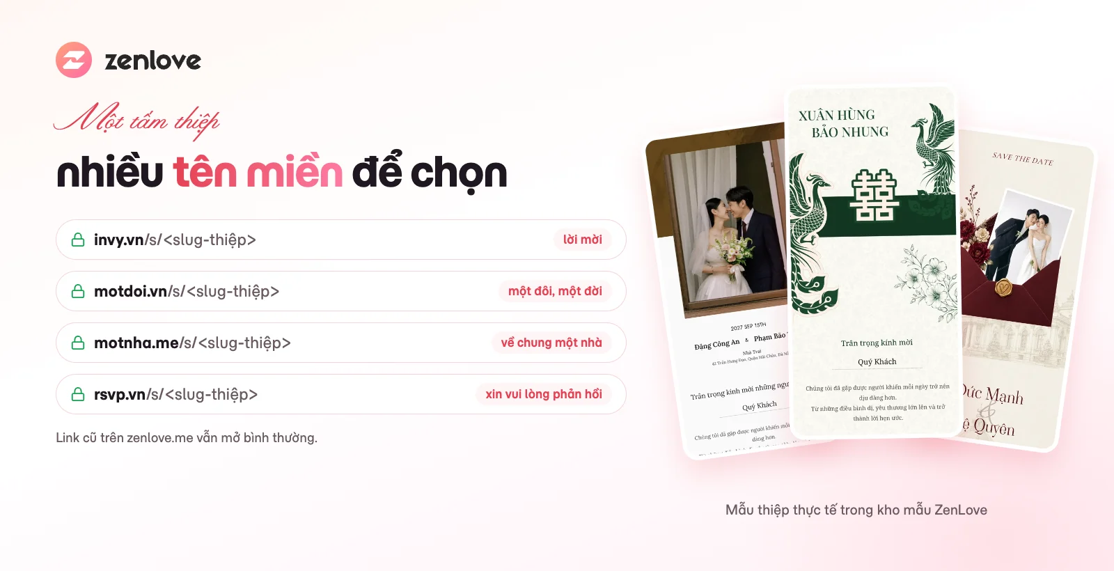 Các tên miền link thiệp cưới của ZenLove: invy.vn, motdoi.vn, motnha.me, rsvp.vn và ý nghĩa từng tên