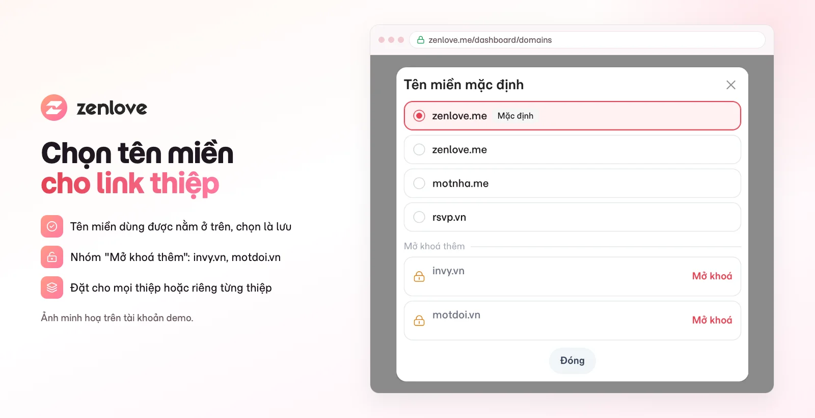 Danh sách chọn tên miền link thiệp trên ZenLove gồm zenlove.me, motnha.me, rsvp.vn, invy.vn, motdoi.vn