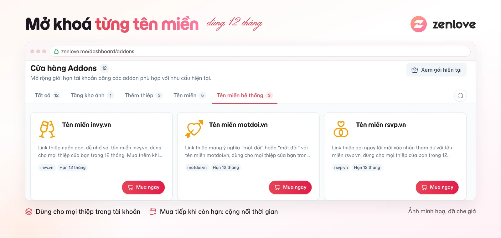 Cửa hàng Addons tab Tên miền hệ thống với addon tên miền invy.vn, motdoi.vn, rsvp.vn