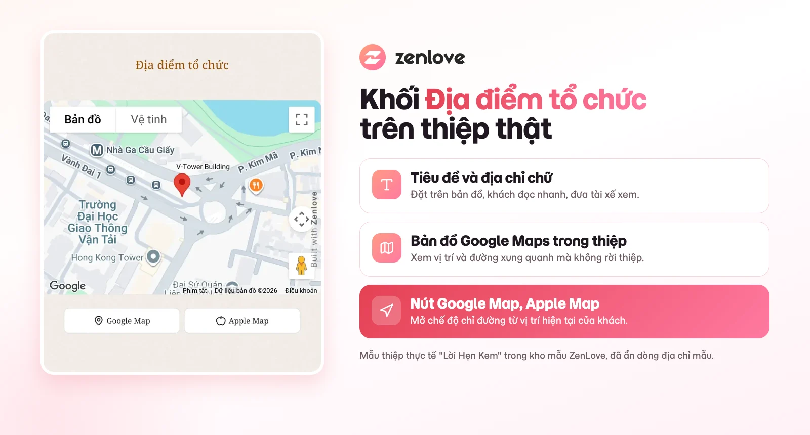 Khối Địa điểm tổ chức trên thiệp cưới online với bản đồ Google Maps và hai nút chỉ đường Google Map, Apple Map