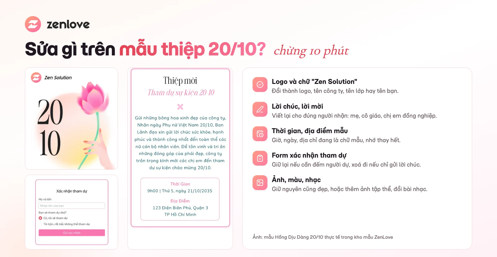 Những phần cần sửa trên mẫu thiệp 20/10 Hồng Dịu Dàng trước khi gửi