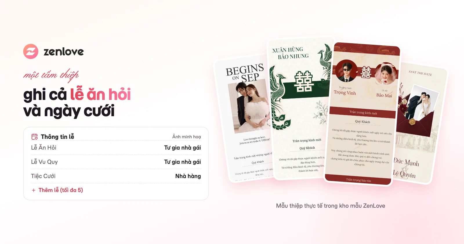 Thiệp cưới online ghi ngày lễ ăn hỏi cùng lễ vu quy và tiệc cưới, kèm mẫu thiệp thật trên ZenLove