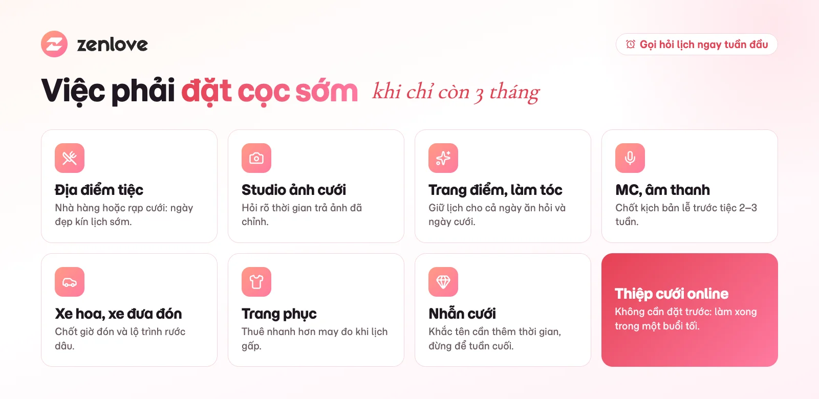 Những việc cần đặt cọc sớm khi lập kế hoạch cưới trong 3 tháng
