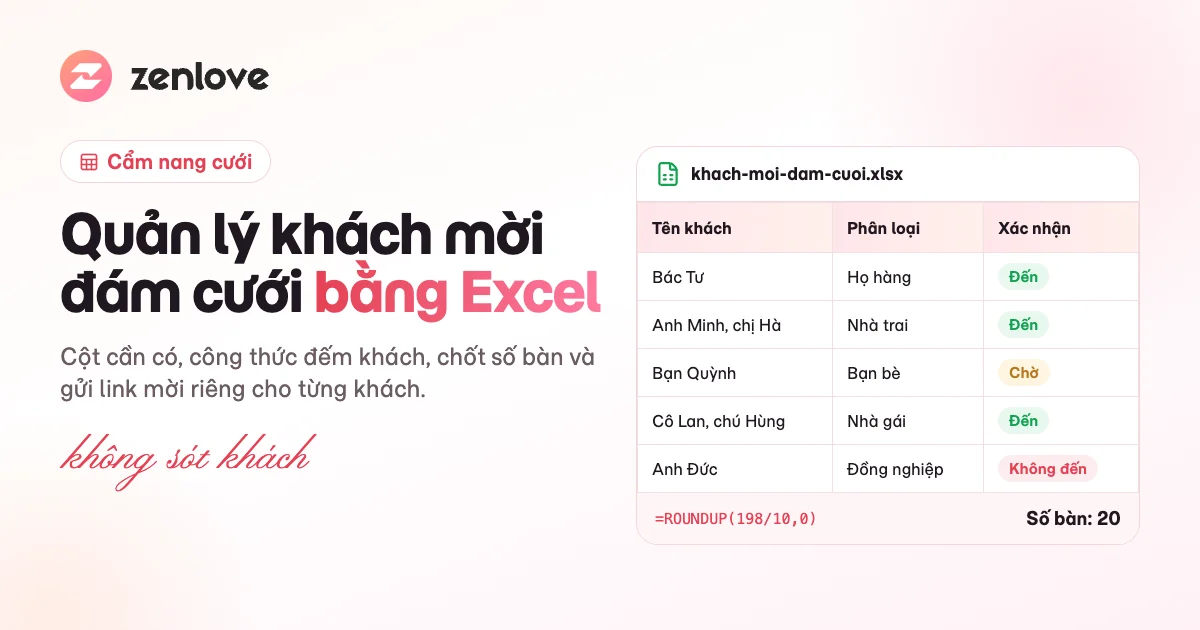 Quản lý danh sách khách mời đám cưới bằng Excel: file khách mời, công thức đếm khách và số bàn