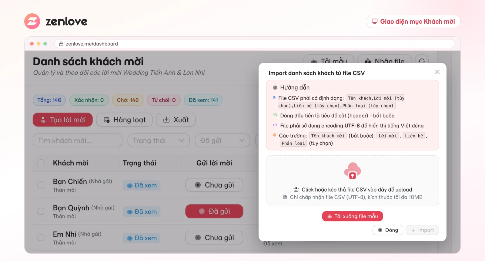 Trang Danh sách khách mời và cửa sổ nhập file CSV trên ZenLove