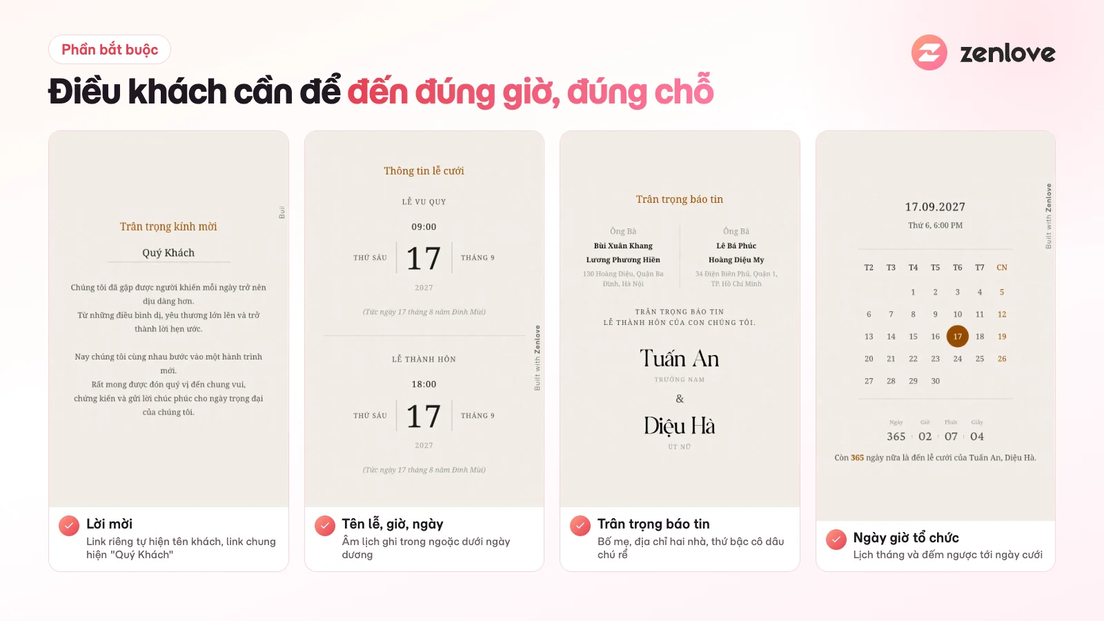 Các phần bắt buộc trên thiệp cưới online: lời mời, thông tin lễ có âm lịch, trân trọng báo tin, ngày giờ