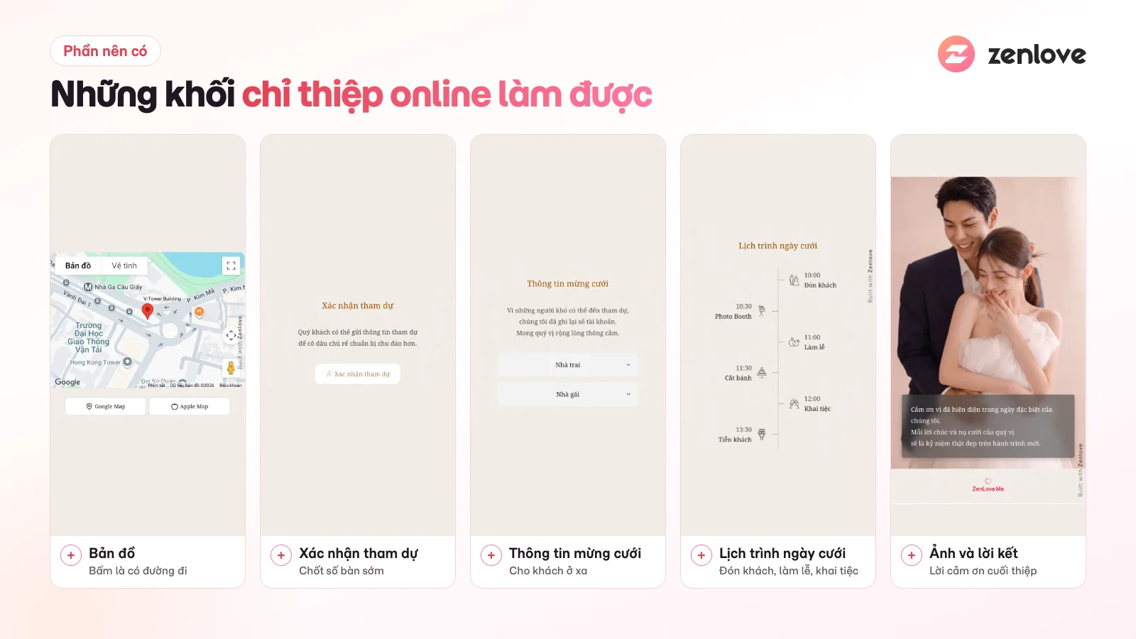 Các phần nên có trên thiệp cưới online: bản đồ, xác nhận tham dự, thông tin mừng cưới, lịch trình ngày cưới, lời kết
