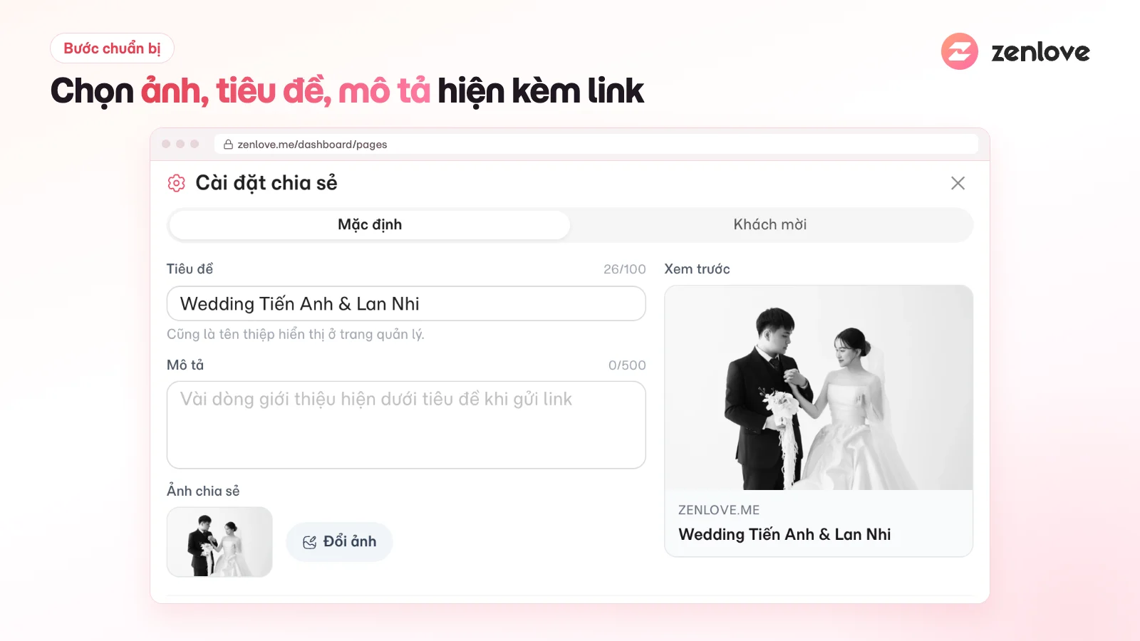 Cài đặt chia sẻ thiệp cưới online: tiêu đề, mô tả, ảnh chia sẻ và xem trước khi gửi qua Facebook