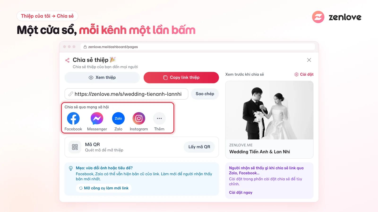 Cửa sổ Chia sẻ thiệp với nút Facebook, Messenger, Zalo, Instagram, Thêm và mã QR