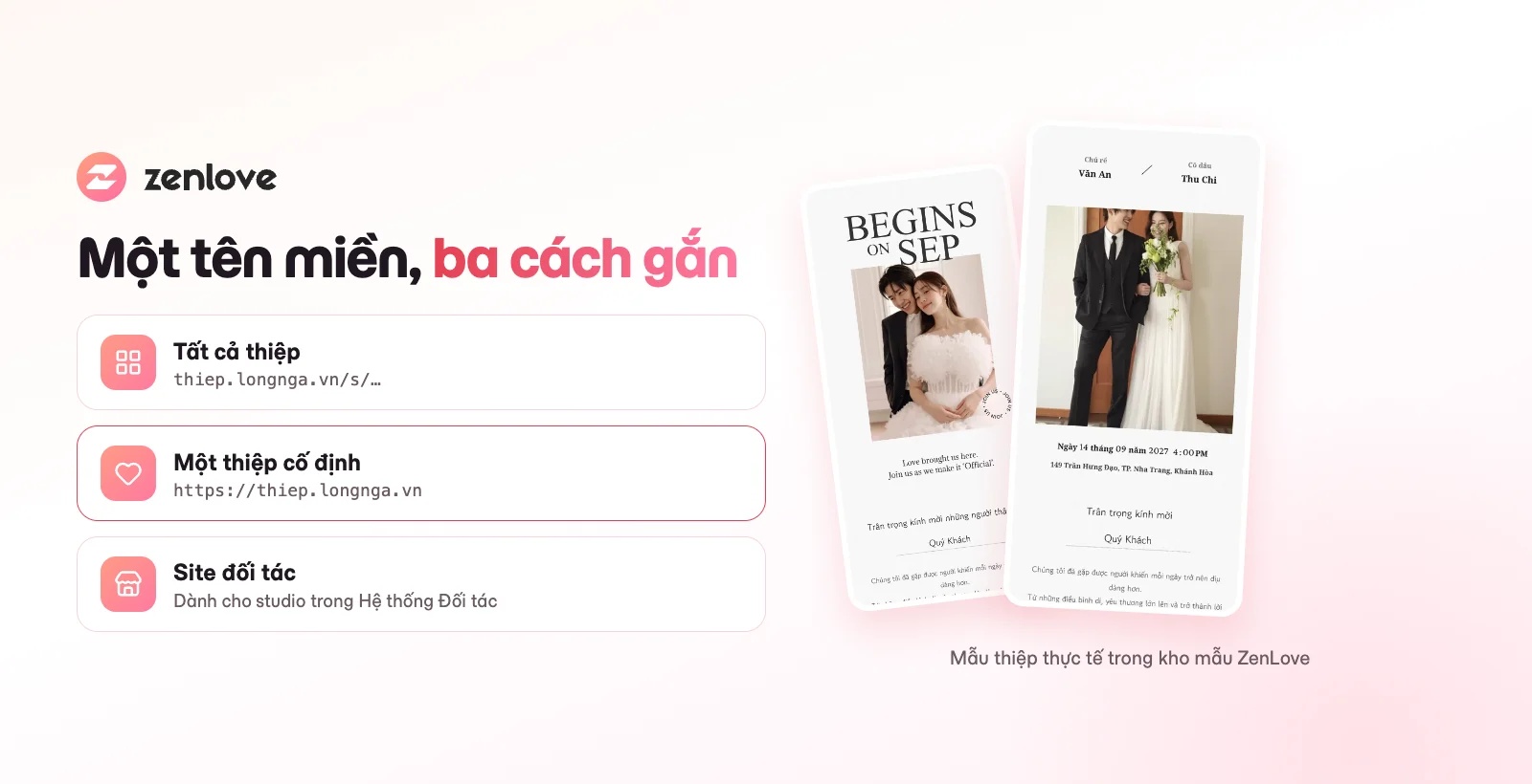 Gắn tên miền riêng vào thiệp cưới: tất cả thiệp, một thiệp cố định hoặc site đối tác