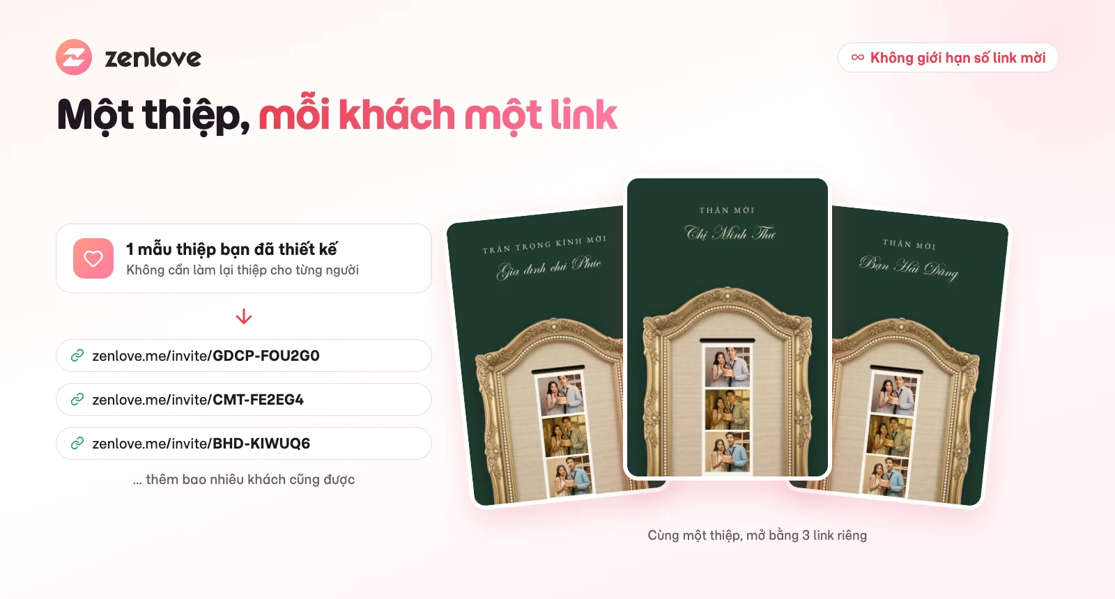Một thiệp cưới online tạo nhiều link mời riêng, mỗi link hiện tên một khách khác nhau