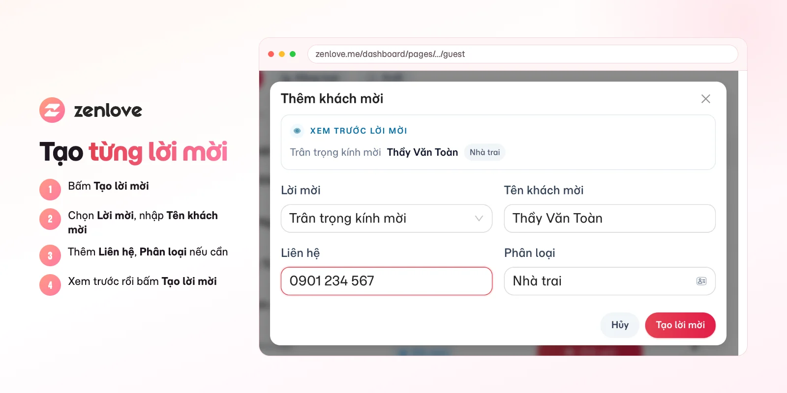 Cửa sổ Thêm khách mời trên ZenLove với lời mời, tên khách và phần xem trước lời mời