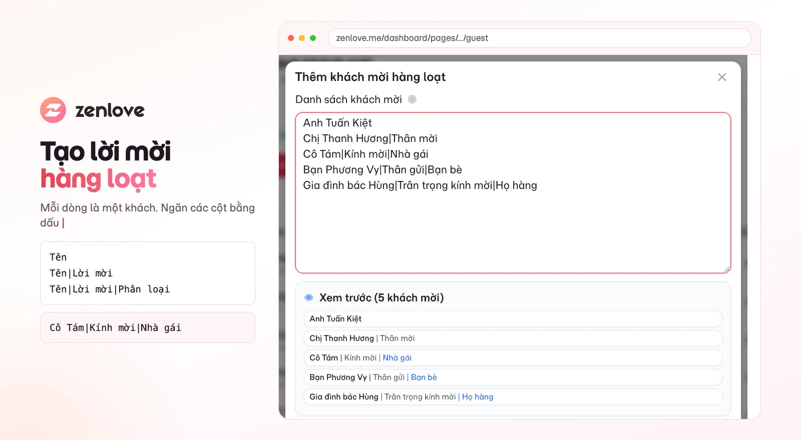 Tạo lời mời thiệp cưới hàng loạt bằng cách dán danh sách khách, mỗi dòng một khách